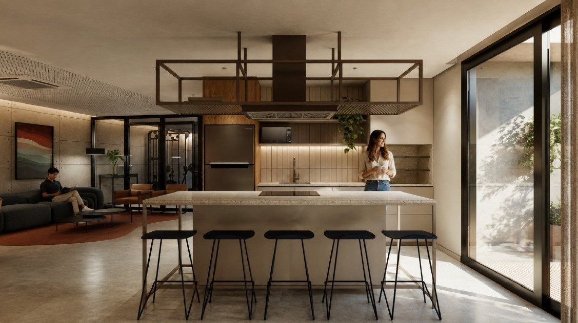 Co-kitchen com ilha central e banquetas