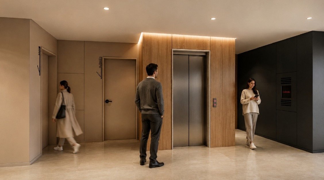 Hall de entrada com painéis de madeira e elevadores
