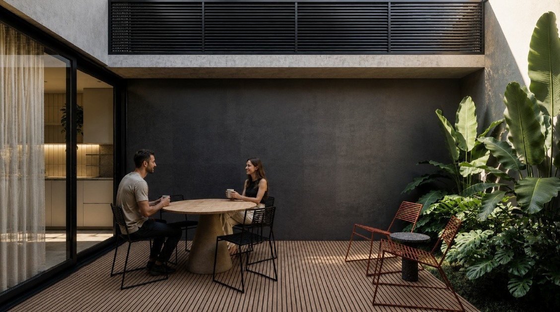 Living externo com deck de madeira e jardim