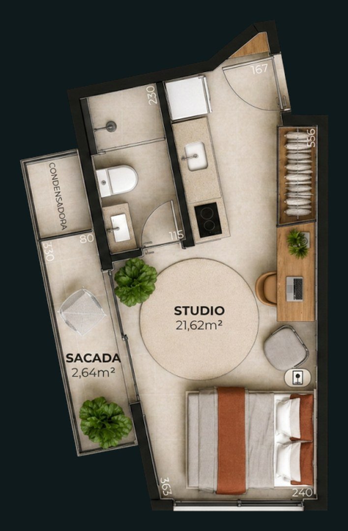 Planta humanizada da unidade de canto: studio de 21,62 m² com sacada de 2,64 m²