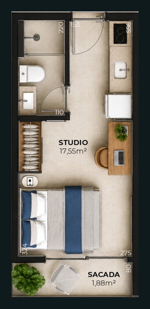 Planta humanizada da unidade de meio: studio de 17,55 m² com sacada de 1,88 m²
