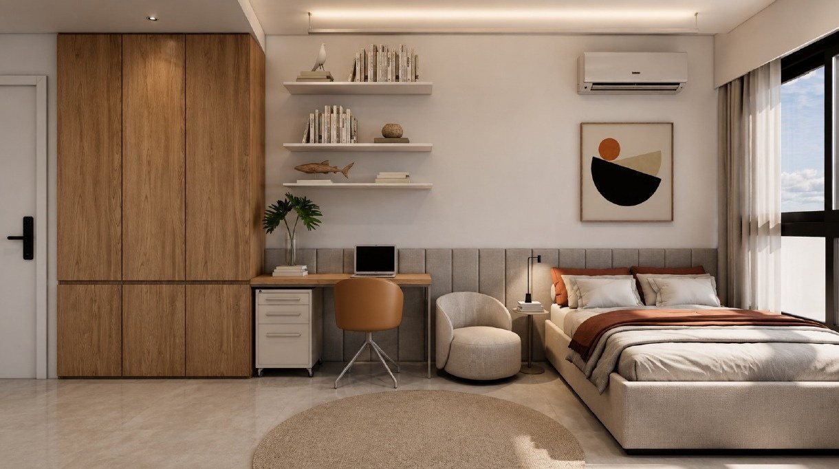 Studio de canto com cama, home office e armário em madeira