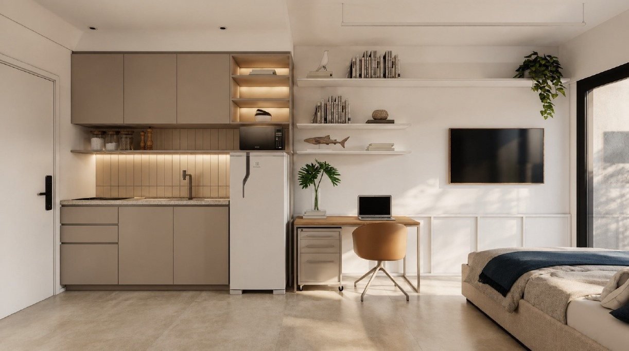 Studio de meio com cozinha, home office e cama