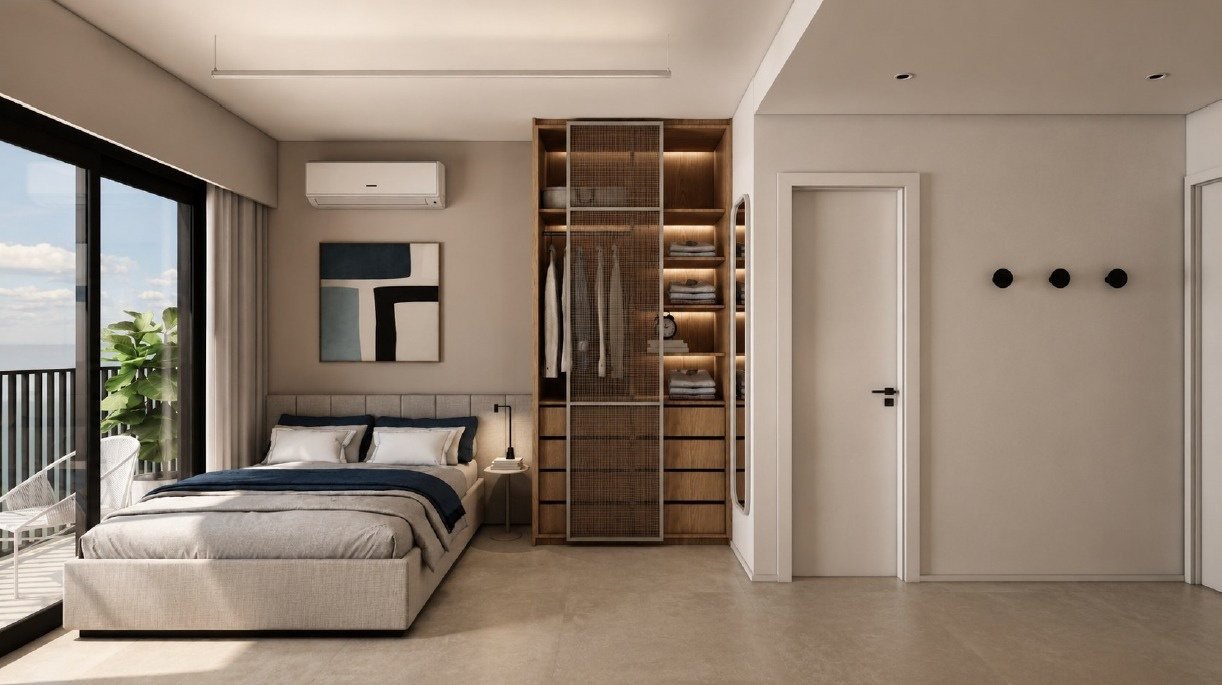 Studio de meio: cama, armário e sacada